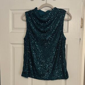 Cable & Gauge Teal Sequin Cowl Neck Sleeveless Top